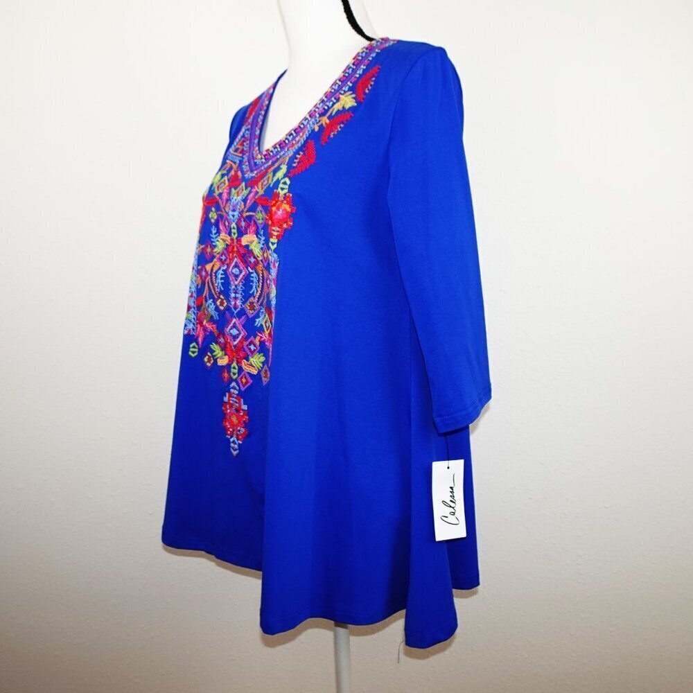 Calessa Embroidered Tunic Top Women's Size S Blue Loose Fit V-Neck - Picture 3 of 8